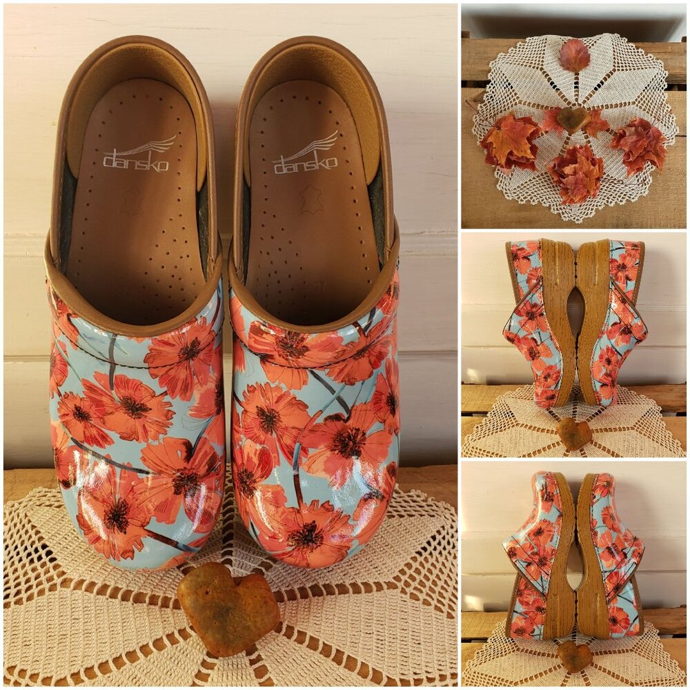 NEW*Poppies Dansko Pro Honey Clog Floral Blue Orange Patent Leather Cottage Boho - Picture 7 of 11